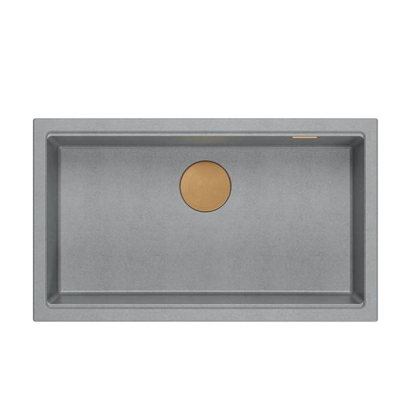 Quadri Newport II grand et profond évier en granit, montage en surface et sous-plan, couleur gris, dimensions 76x45cm, avec bouchon en cuivre 1208967314