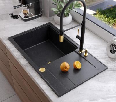 Quadri Luton évier à poser noir en granit avec égouttoir réversible 86x50cm avec bonde dorée 1208967327
