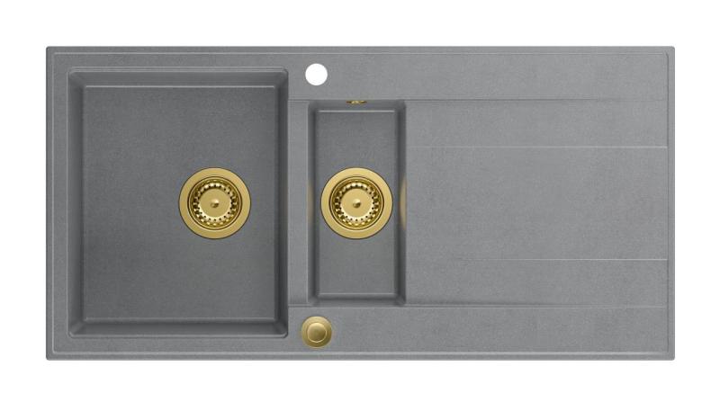 Quadri Luton évier en granit gris à poser 1,5 bac avec égouttoir réversible 100x50cm avec bonde dorée 1208967351