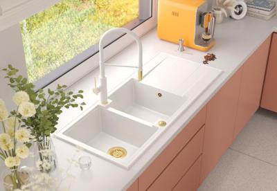 Quadri Luton évier double en granit blanc avec égouttoir 116x50 cm avec bonde dorée 1208967358