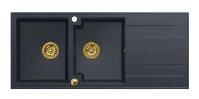 Quadri Luton évier double encastré en granit anthracite avec égouttoir 116x50 cm avec bonde dorée 1208967364
