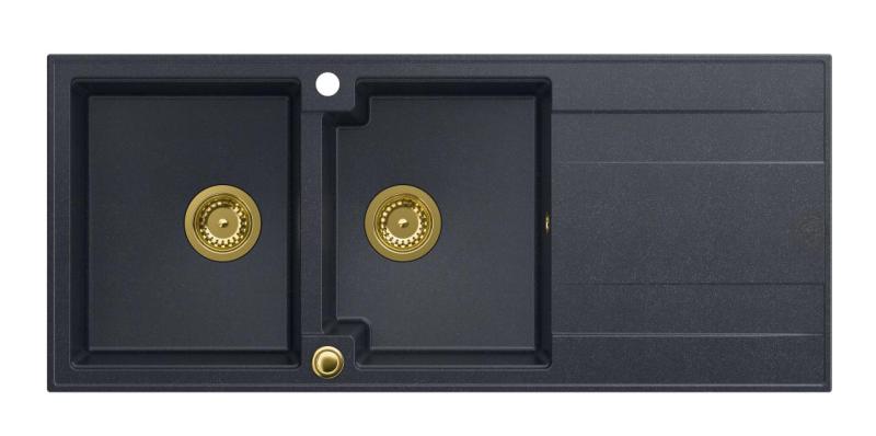 Quadri Luton évier double encastré en granit anthracite avec égouttoir 116x50 cm avec bonde dorée 1208967364
