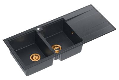 Quadri Luton montage double évier en granit anthracite avec égouttoir 116x50 cm avec bouchon en cuivre 1208967365