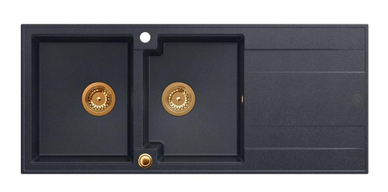 Quadri Luton montage double évier en granit anthracite avec égouttoir 116x50 cm avec bouchon en cuivre 1208967365