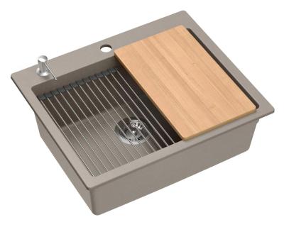 Quadri Durham taupe granit évier de montage 595x500 avec distributeur de savon, planche à découper, bac d'insertion et tapis roulant 1208967376