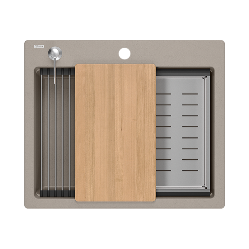 Quadri Durham taupe granit évier de montage 595x500 avec distributeur de savon, planche à découper, bac d'insertion et tapis roulant 1208967376