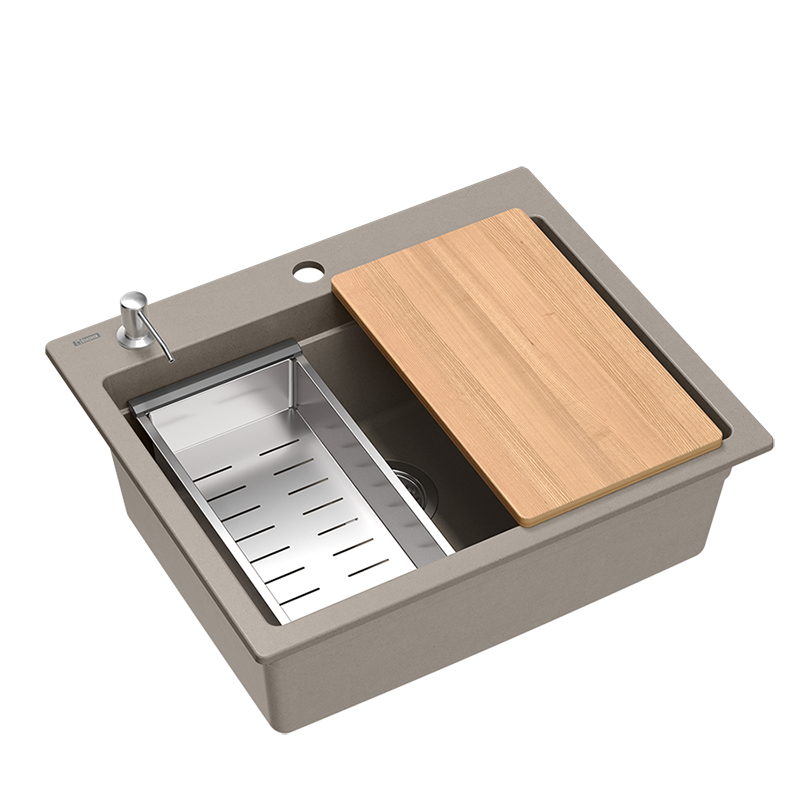 Quadri Durham taupe granit évier de montage 595x500 avec distributeur de savon, planche à découper, bac d'insertion et tapis roulant 1208967376