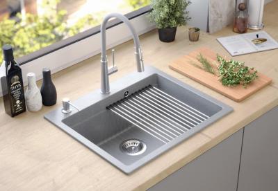 Quadri Durham évier en granit gris à poser 595x500 avec distributeur de savon, planche à découper, bac d'insertion et tapis roulant 1208967378