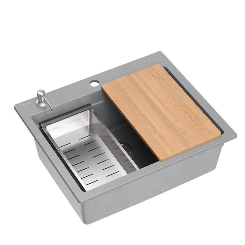 Quadri Durham évier en granit gris à poser 595x500 avec distributeur de savon, planche à découper, bac d'insertion et tapis roulant 1208967378