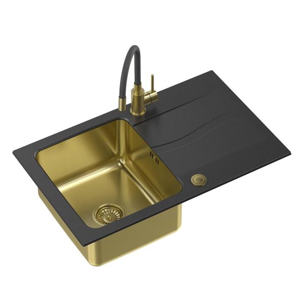 Ensemble Quadri Fusion avec robinet de cuisine et évier à poser en or avec égouttoir en granit onyx 78x48 réversible 1208967415