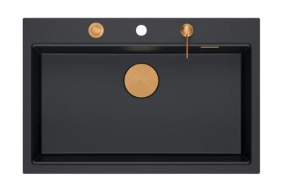 Quadri Hard Rock évier à poser en granit noir mat, grande cuve 76x50cm, y compris bonde en cuivre et accessoire 1208967423
