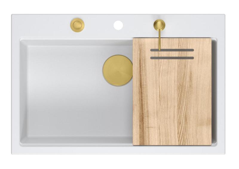 Quadri Hard Rock évier à poser en granit blanc grand bac 76x50cm inclus bouchon doré et accessoires 1208967424