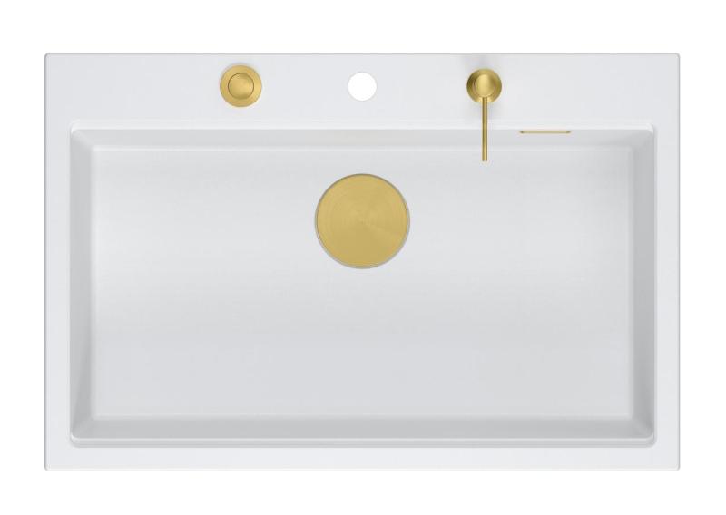 Quadri Hard Rock évier à poser en granit blanc grand bac 76x50cm inclus bouchon doré et accessoires 1208967424
