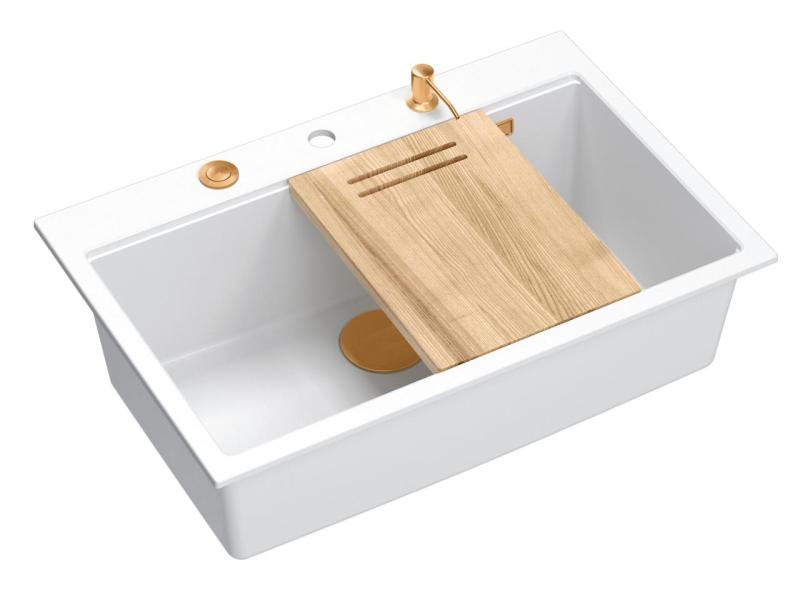 Quadri Hard Rock blanc construction en granit grand évier 76x50cm incluant bouchon en cuivre et accessoires 1208967428