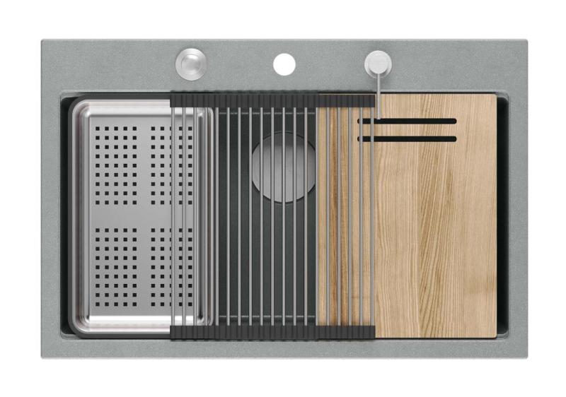Quadri Hard Rock évier à poser en granit gris grande cuve 76x50cm inclus bouchon en inox et accessoires 1208967430