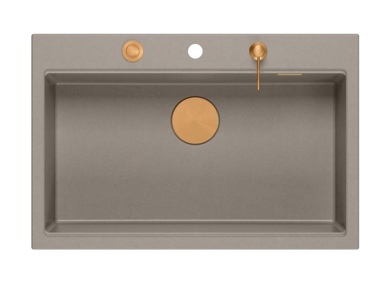 Quadri Hard Rock taupe granit évier à poser grande taille 76x50cm avec bouchon en cuivre et accessoires 1208967439