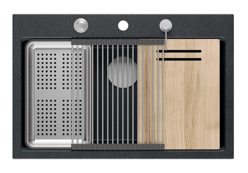 Quadri Hard Rock granit anthracite évier à poser grande cuve 76x50cm incluant bouchon en inox et accessoires 1208967442