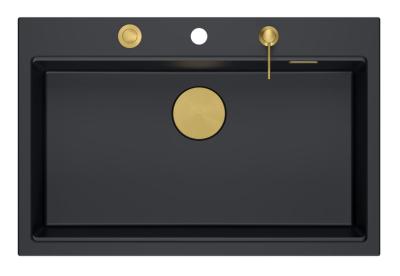 Quadri Hard Rock anthracite évier en granit à poser grand bac 76x50cm inclus bouchon doré et accessoires 1208967444