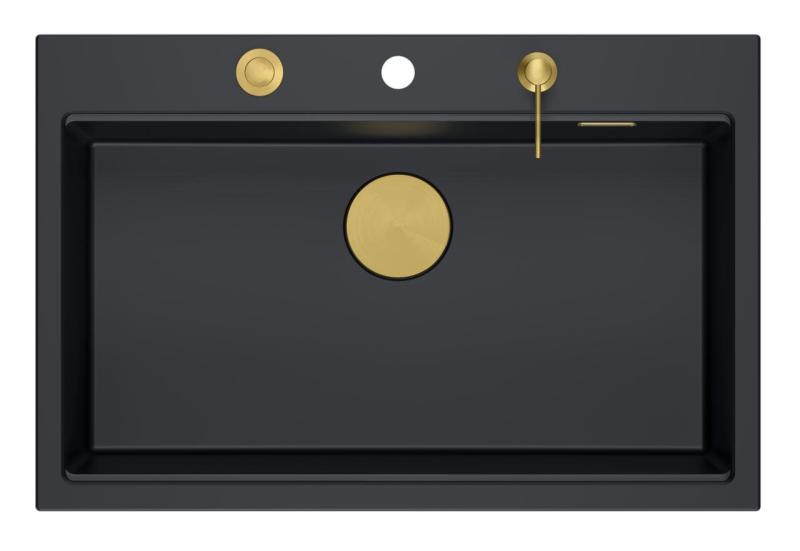 Quadri Hard Rock anthracite évier en granit à poser grand bac 76x50cm inclus bouchon doré et accessoires 1208967444