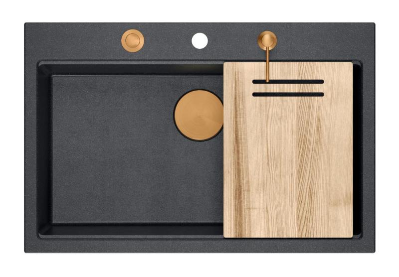 Quadri Hard Rock anthracite évier en granit à poser grande cuve 76x50cm incluant bouchon en cuivre et accessoires 1208967445