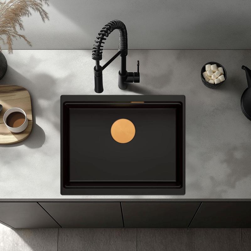 Quadri Newport II évier sous-plan en granit noir 560x450mm avec bouchon en cuivre et bonde 1208967450