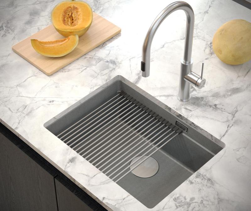 Quadri Newport II évier encastré en granit gris 560x450mm avec bouchon en inox et bonde 1208967456