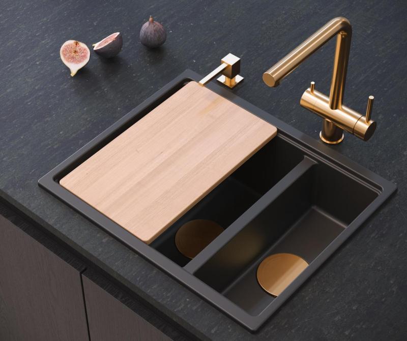 Quadri Newport II noir 1,5 bac en granit montage en surface et sous plan évier 555x460mm avec bonde en cuivre 1208967465