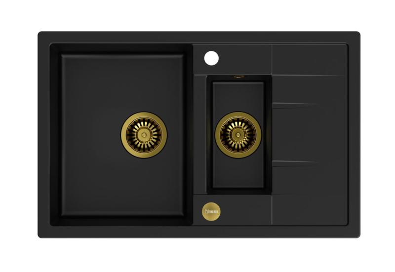 Quadri Brenton évier encastré en granit noir 1,5 bac avec égouttoir 78x50cm avec bonde dorée 1208967554