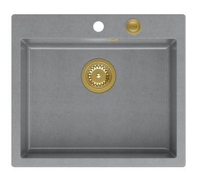 Quadri Sheffield Évier en Granit Gris à Poser ou à Encastrer 57x50 cm avec Plage de Robinet et Bouchon Doré - 1208967582