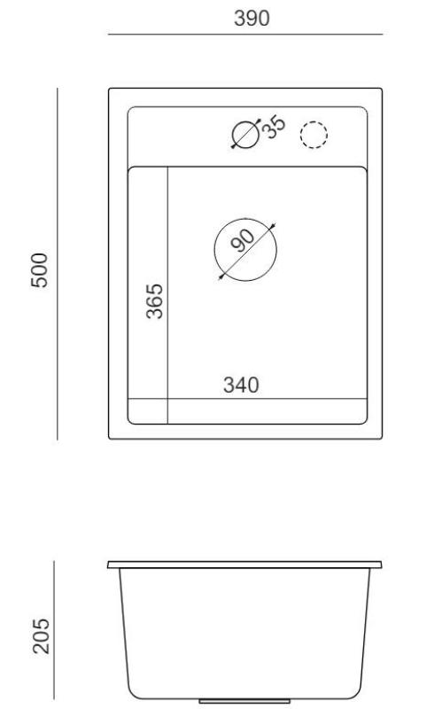Évier en granit anthracite Quadri Londres 39x50cm avec trou pour robinet montage en surface 1208967584