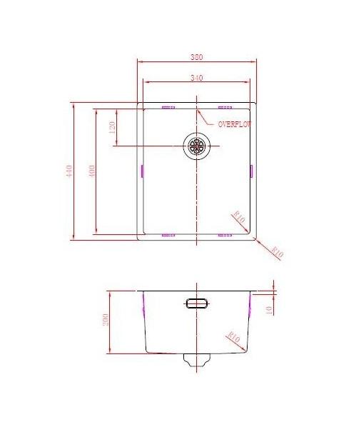 Évier Pure.Sink Prestige 34x40 cm PVD Or rayon de 10 mm sous-plan, à fleur et en pose libre PPG3440-60