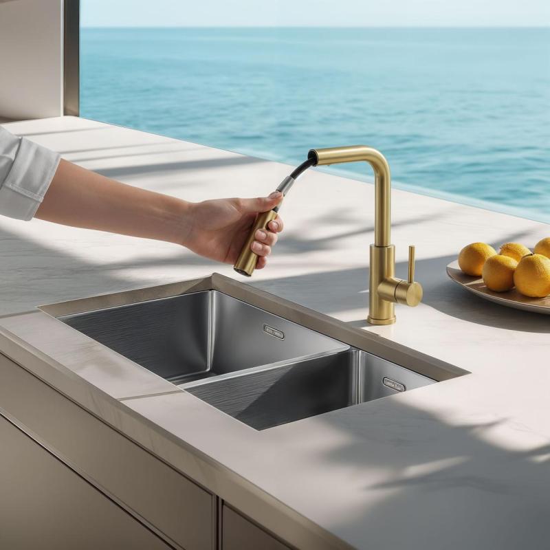 Robinet de cuisine Pure.Sink Elite Steel Spark-S en PVD or brossé avec bec rétractable PS8041-60