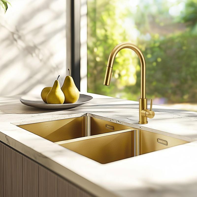 Robinet de cuisine Pure.Sink Elite Steel Stream-S en acier PVD or brossé avec bec rétractable PS8045-60.