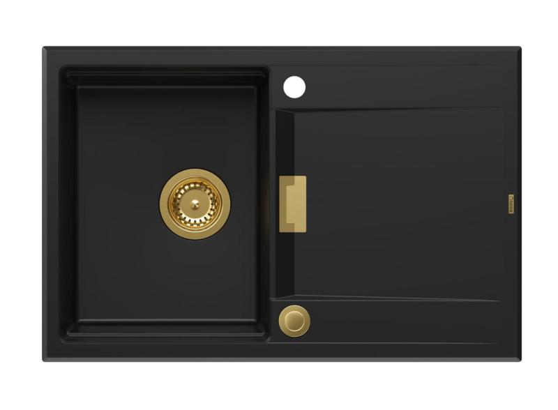 Quadri Minton Évier à Poser en Granit Noir 76x50cm avec Égouttoir Réversible et Bonde Dorée 1208967739