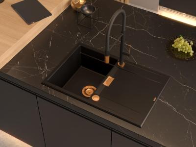 Quadri Minton Évier en Granit Noir à Poser 76x50cm avec Égouttoir Réversible et Bouchon en Cuivre 1208967740