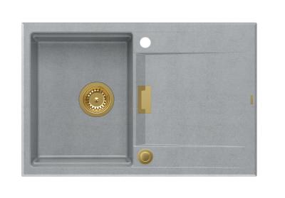 Évier à poser Quadri Minton en granit gris 76x50cm avec égouttoir réversible et bouchon doré - 1208967742