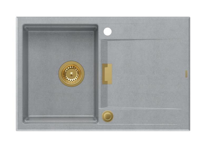 Évier à poser Quadri Minton en granit gris 76x50cm avec égouttoir réversible et bouchon doré - 1208967742
