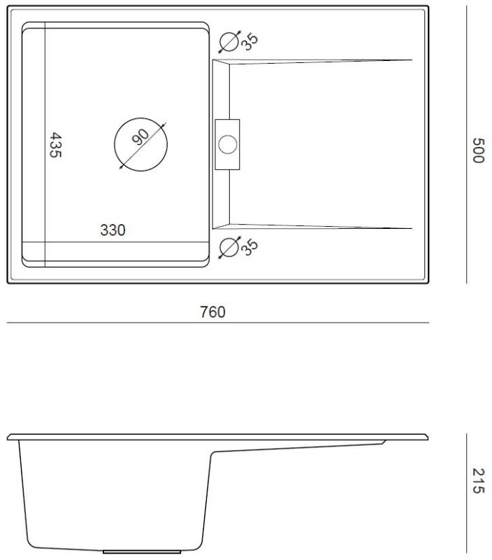 Quadri Minton Évier à Poser en Granit Anthracite 76x50cm avec Égouttoir Réversible et Bouchon en Inox - 1208967744