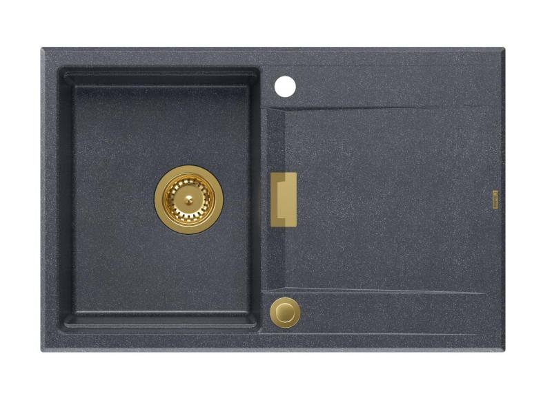 Quadri Minton Évier à Poser en Granit Anthracite 76x50cm avec Égouttoir Réversible et Bouchon Doré - 1208967745