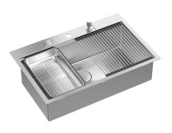 Aquadesign Vesta Évier en Inox 76x49cm Encastré et Posé avec Plage de Robinet, inclus Bouchon en Inox et Accessoires - 1208967762