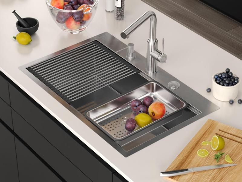 Aquadesign Vesta Évier en Inox 76x49cm Encastré et Posé avec Plage de Robinet, inclus Bouchon en Inox et Accessoires - 1208967762
