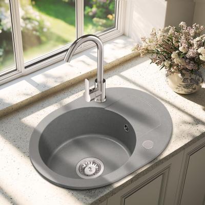 Évier Rond en Granit Gris Quadri Londres avec Égouttoir et Bonde en Acier Inoxydable 585x460mm Réversible - 1208967772