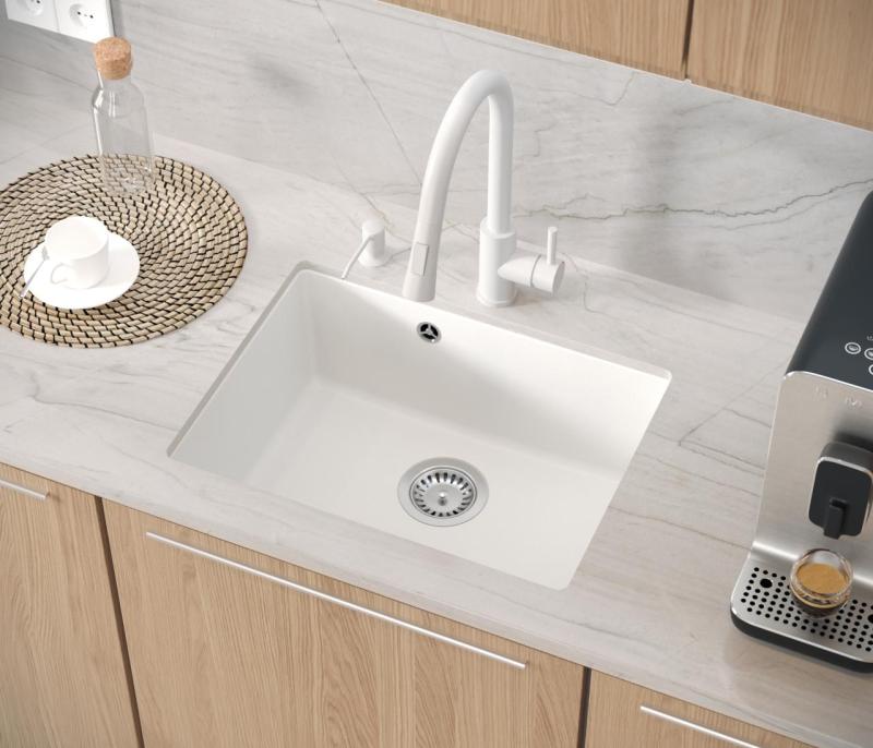 Quadri Elston Blanc Évier Encastré en Granit 495x360mm avec Bouchon en Acier Inoxydable 1208967774