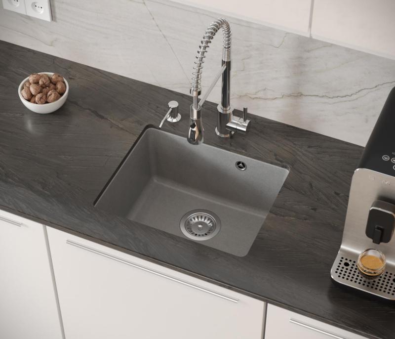 Quadri Elston Évier à Encastrer en Granit Gris 420x335mm avec Bouchon en Inox 1208967775