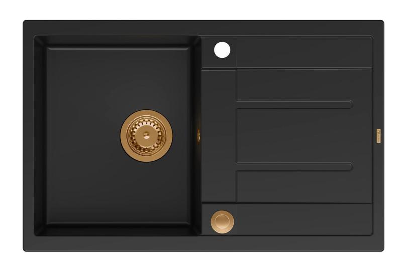 Quadri Sheffield Évier à Poser en Granit Noir 78x50cm avec Égouttoir et Bonde en Cuivre - 1208967804