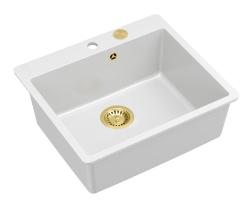 Quadri Sheffield Évier en Granit Blanc à Encastrer ou à Poser à Fleur 57x50 cm avec Banc pour Robinet et Bouchon Doré - 1208967817