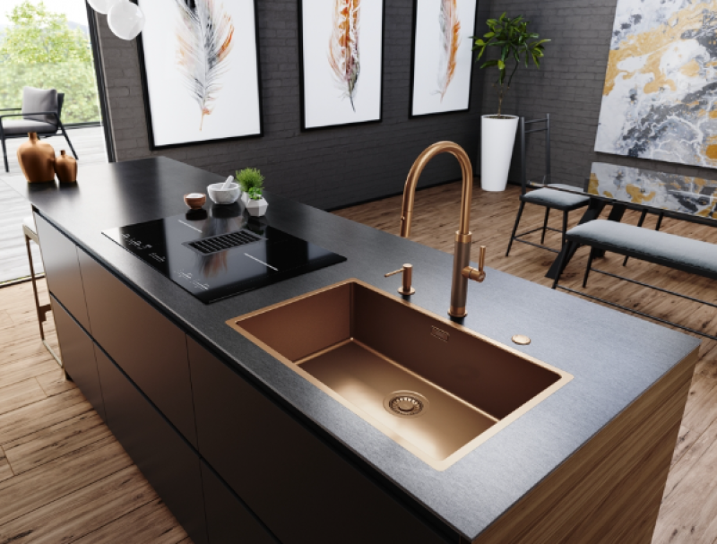 Robinet de cuisine Franke Mythos Masterpiece en cuivre avec bec en J et douchette extractible - 115.0711.557