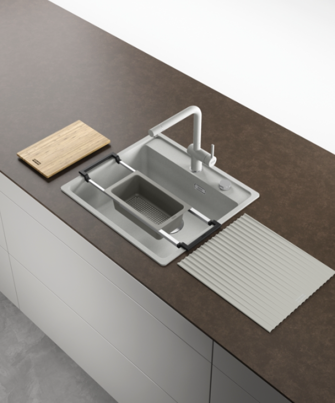 Franke Ensemble d'Accessoires Universels All-In Set 3 - Planche à Découper, Bac Insert en Plastique, Tapis Égouttoir et Pont Télescopique 112.0655.483