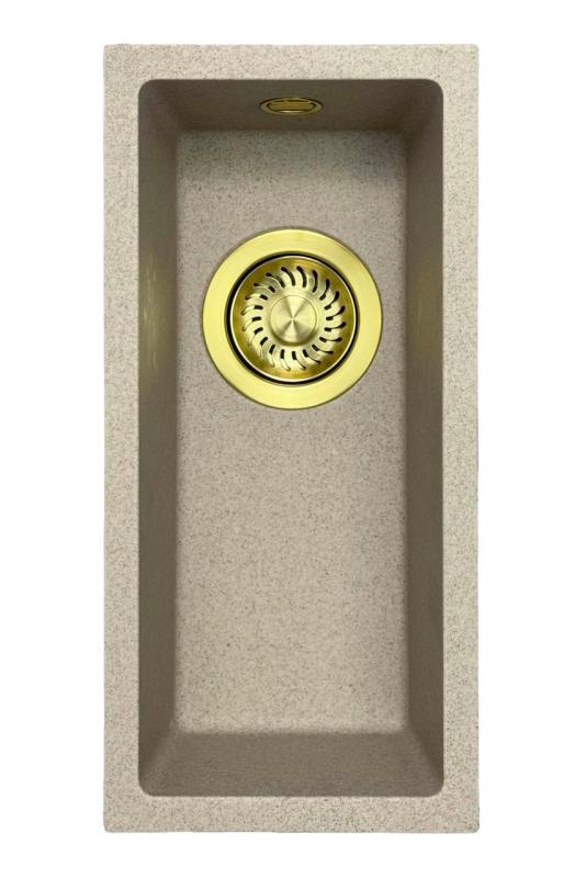 GraniteMy Universel évier petit en granit beige sable 17x40 cm montage en surface, sous plan et affleurant avec bouchon doré 1208968003