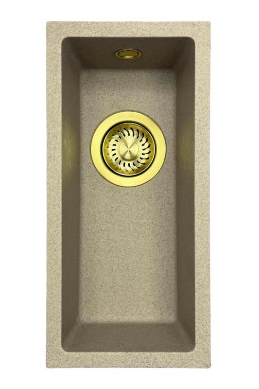 GraniteMy Universel évier petit en granit beige sable 17x40 cm montage en surface, sous plan et affleurant avec bouchon doré 1208968003